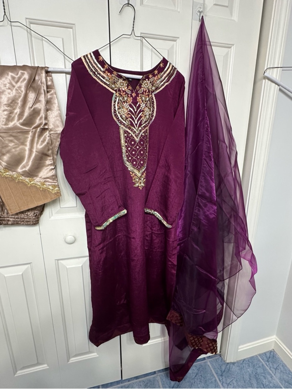 Embroidered Plum Women's Dress with Matching Scarf size 23”